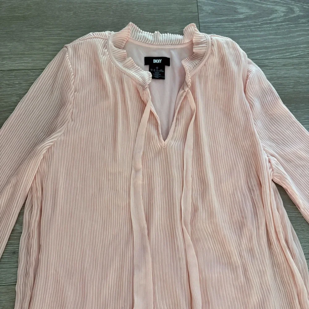 DKNY Womens Pink Tie Neck Long Sleeve Classic Look Pleated Swing Dress Size 12 - Picture 12 of 14